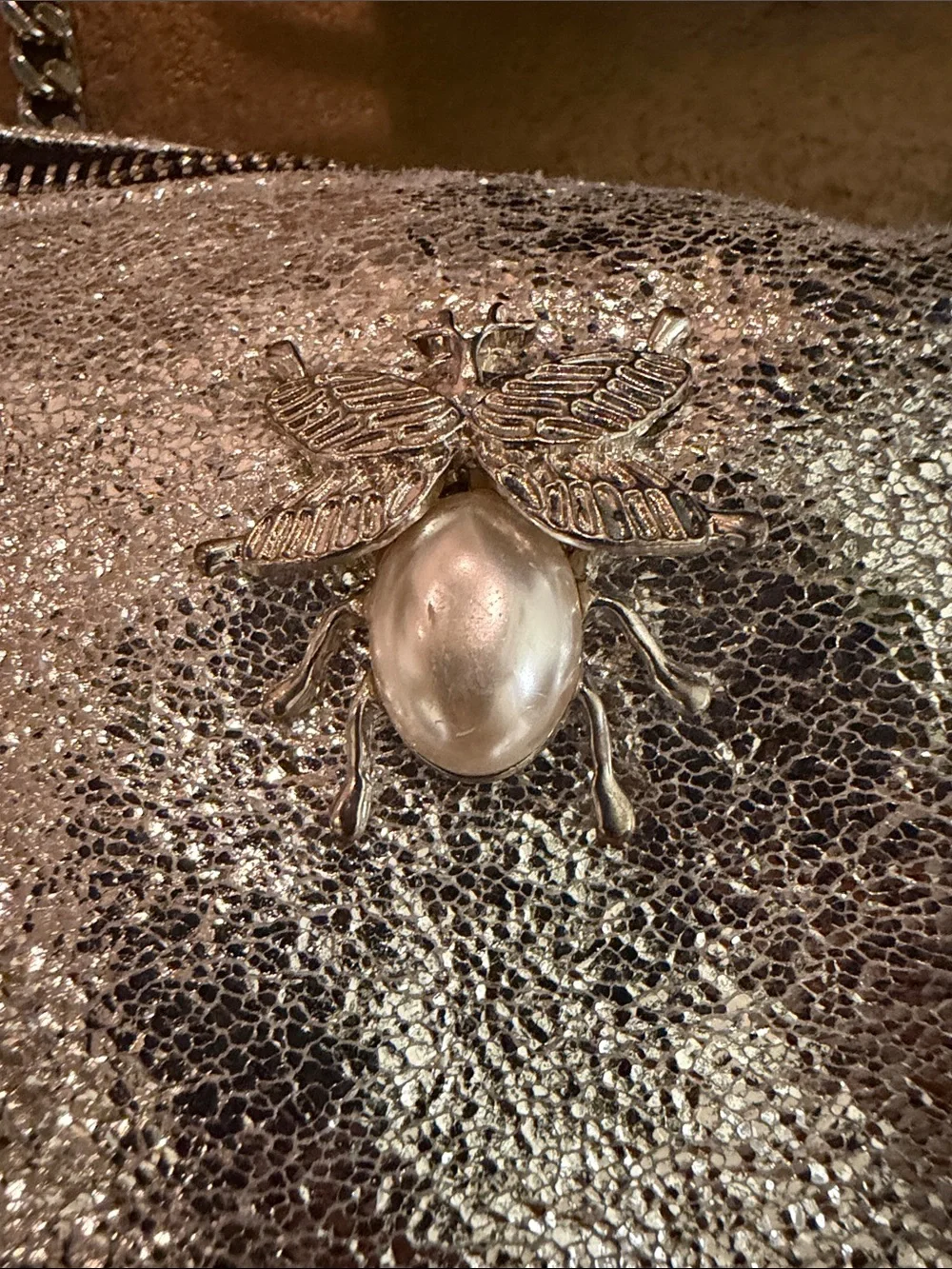 Zara Metallic Silver Foil Crossbody Bag Pearl Bumblebee Accent Cottagecore Glam